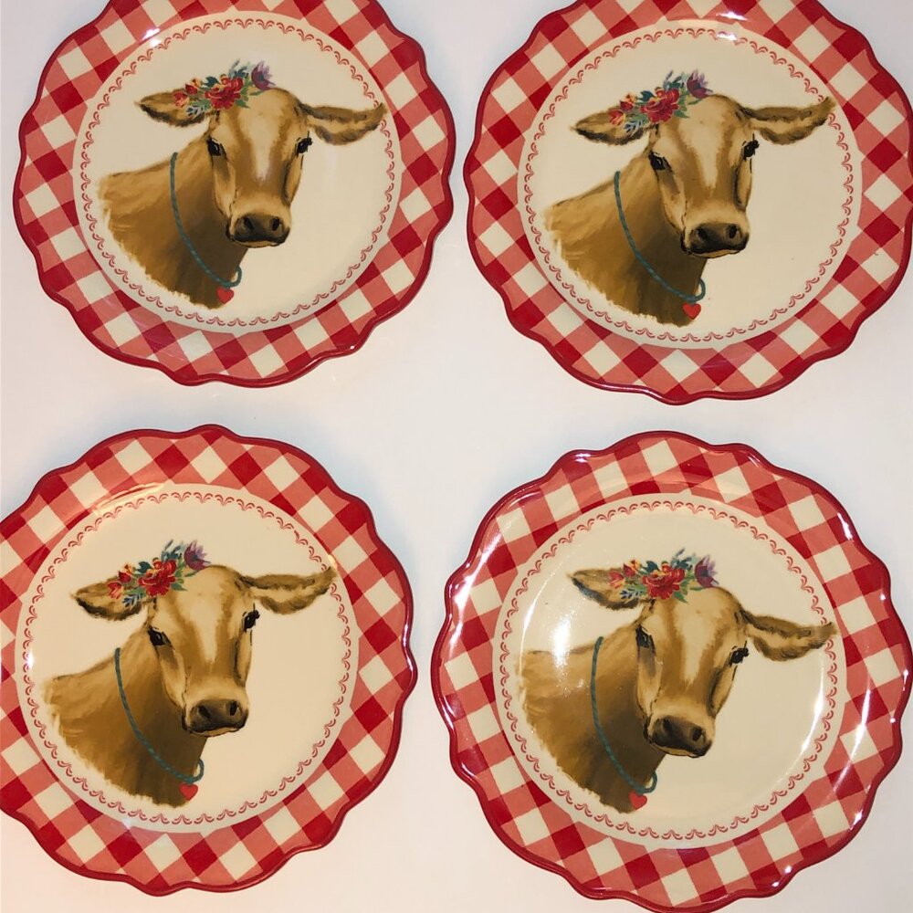 Set of 4 Pioneer Woman Red Gingham Salad Plate Brown Cow Decal 8.75" Ceramic New